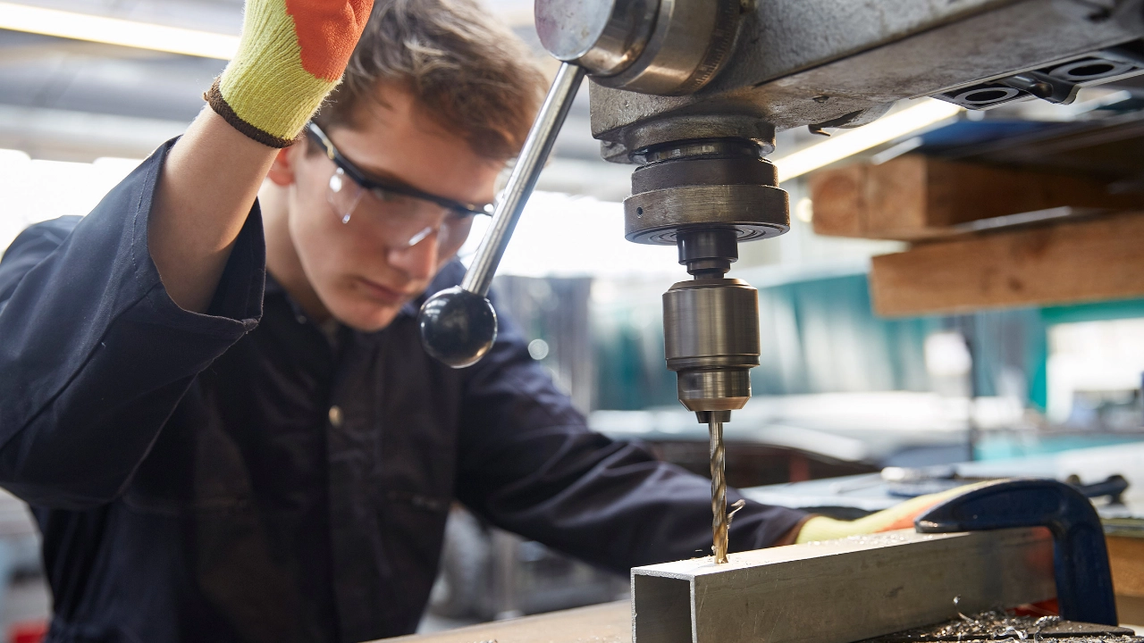 Auszubildender bohrt mit einer Bohrmaschine eine Loch in ein Stahlteil